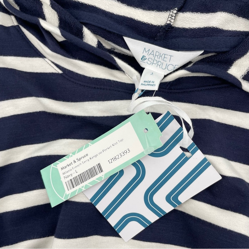NEW Market & Spruce Milania French Terry Kangaroo Pocket Knit Top Navy Stripe L - Picture 6 of 7
